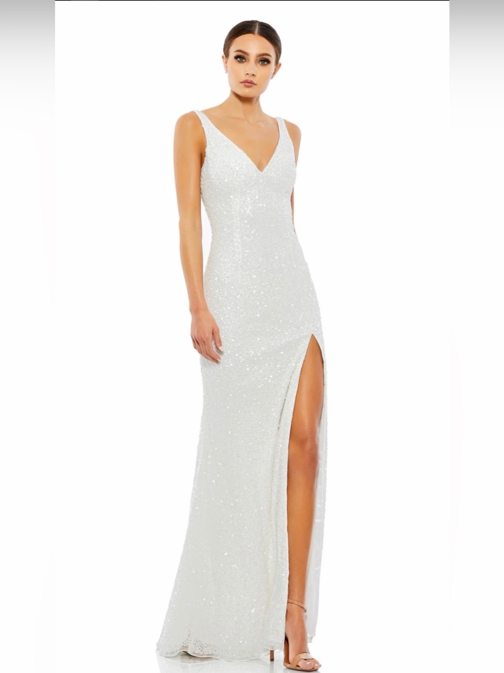 Mac Duggal White Sequin V-Neck Maxi Dress with Front Slit